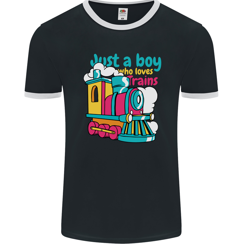 Just a Boy Who Loves Trains Spotter Engine Mens Ringer T-Shirt FotL Black/White