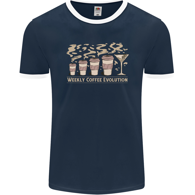 Funny Weekly Coffee to Alcohol Evolution Wine Mens Ringer T-Shirt FotL Navy Blue/White