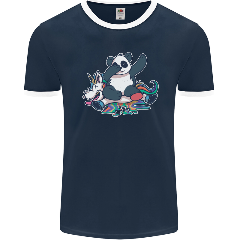 Dabbing Panda Squashing a Unicorn Funny Mens Ringer T-Shirt FotL Navy Blue/White