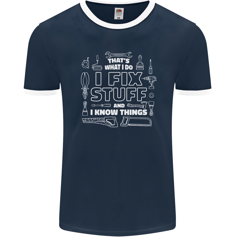 I Fix Stuff Funny Plumber Electrician Mechanic Mens Ringer T-Shirt FotL Navy Blue/White
