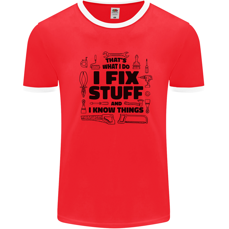 I Fix Stuff Funny Handyman Tradesman DIY Mens White Ringer T-Shirt Red/White