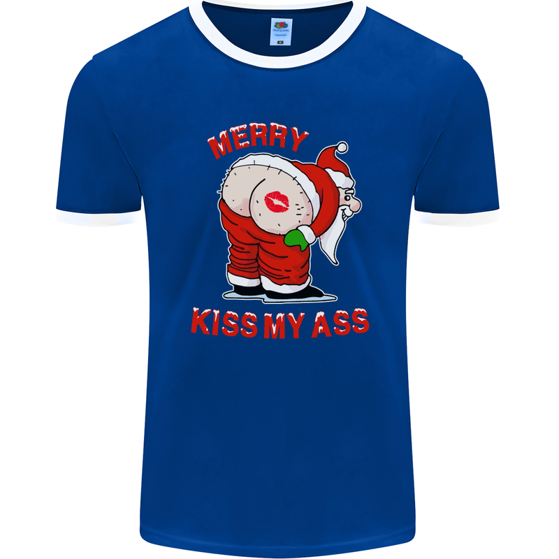 Merry Kiss My Ass Funny Christmas Mens Ringer T-Shirt FotL Royal Blue/White