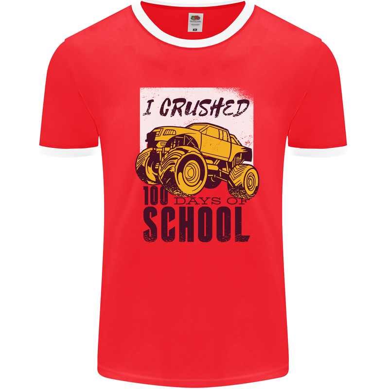 I Crushed 100 Days of School Monster Truck Mens White Ringer T-Shirt Red/White