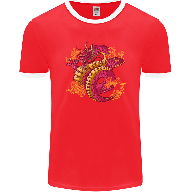 A Chinese Dragon Mens Ringer T-Shirt FotL Red/White