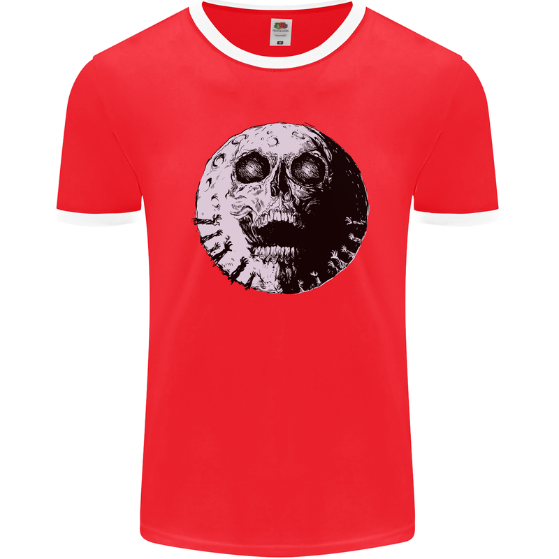 Skull Moon Gothic Halloween Zombie Biker Mens Ringer T-Shirt FotL Red/White