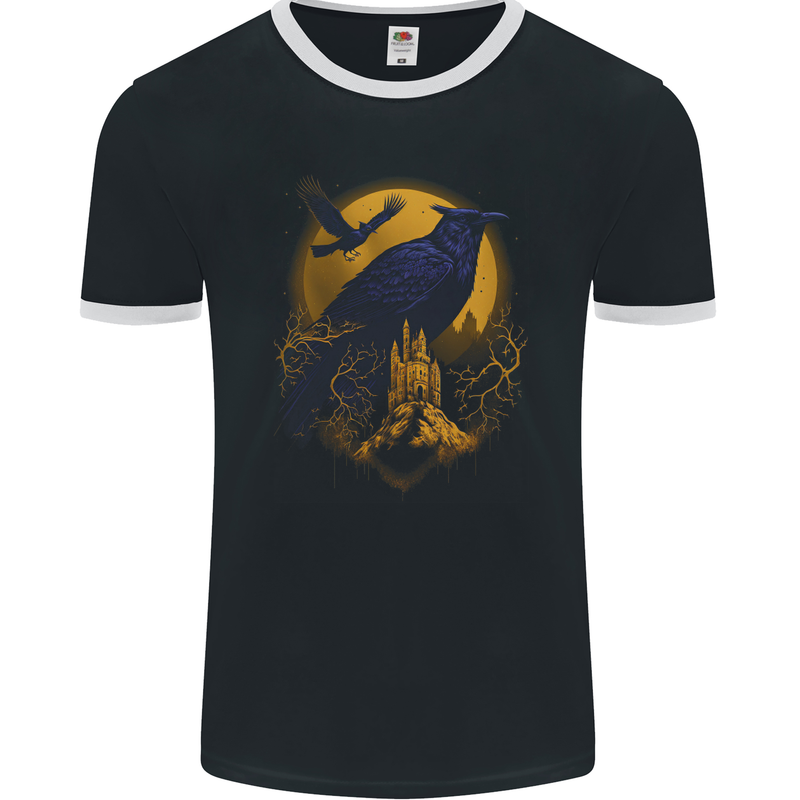 A Raven & Haunted House Moon Halloween Mens Ringer T-Shirt FotL Black/White