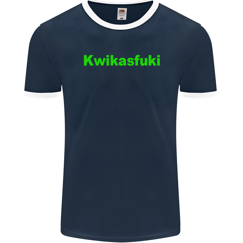 Kwikasfuki Superbike Funny Biker Motorcycle Mens Ringer T-Shirt FotL Navy Blue/White