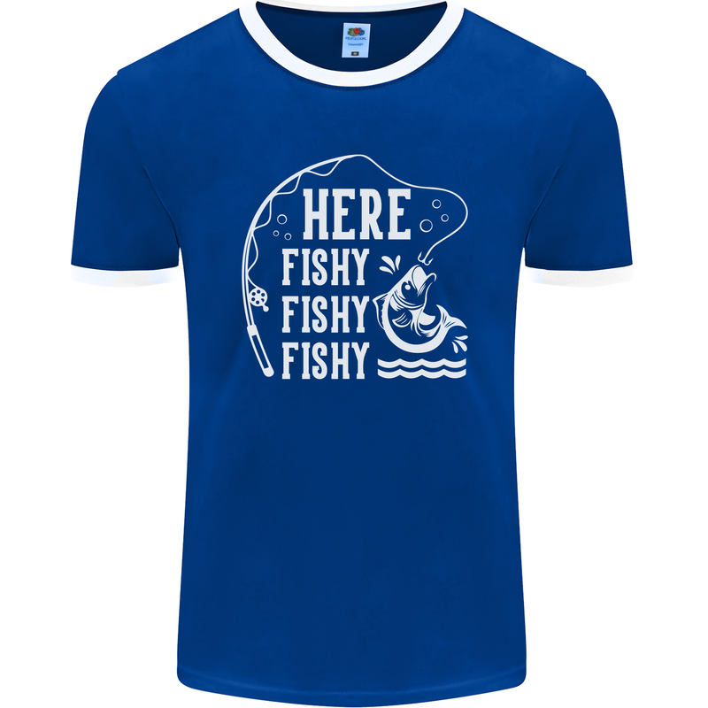 Here Fishy Fishy Funny Fishing Fisherman Mens Ringer T-Shirt FotL Royal Blue/White