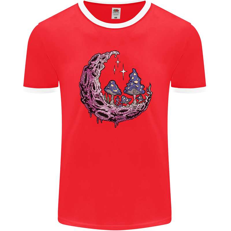 Trippy Magic Mushroom Moon LSD Psychedelic Mens Ringer T-Shirt FotL Red/White