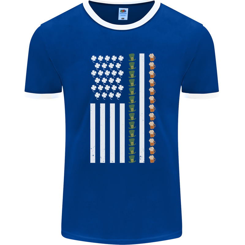 St Patricks Day USA Flag America Beer Alcohol Mens Ringer T-Shirt FotL Royal Blue/White