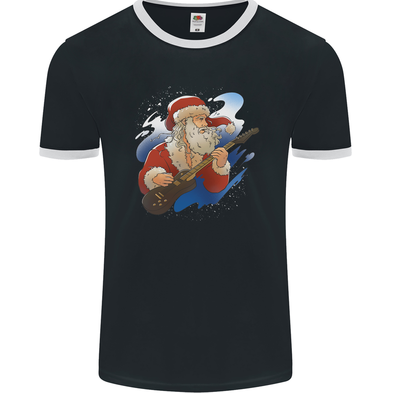 Guitar Santa Funny Christmas Rock n Roll Mens Ringer T-Shirt FotL Black/White