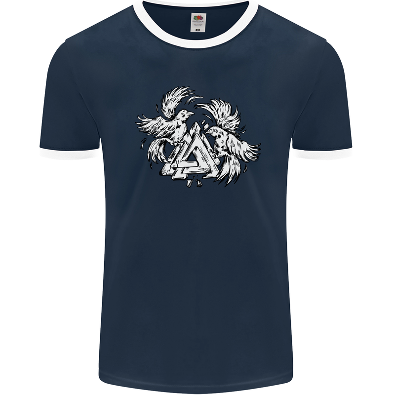 Vikings Valknut Symbol With Ravens Mens Ringer T-Shirt FotL Navy Blue/White