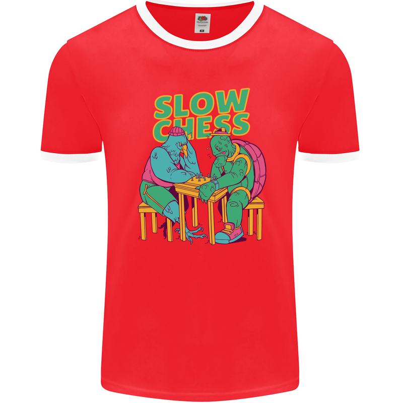 Slow Chess Funny Tortoise & Cock Mens Ringer T-Shirt FotL Red/White