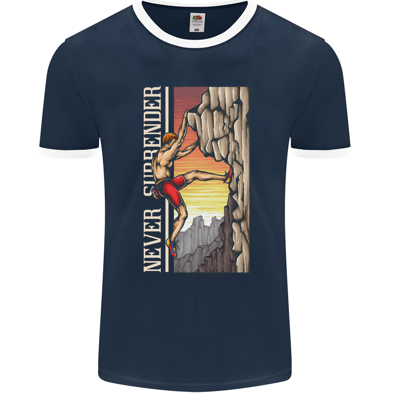 Never Surrender Rock Climbing Climber Mens Ringer T-Shirt FotL Navy Blue/White