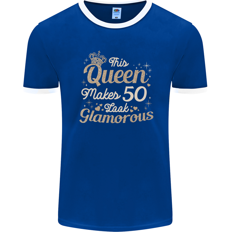 50th Birthday Queen Fifty Years Old 50 Mens Ringer T-Shirt FotL Royal Blue/White