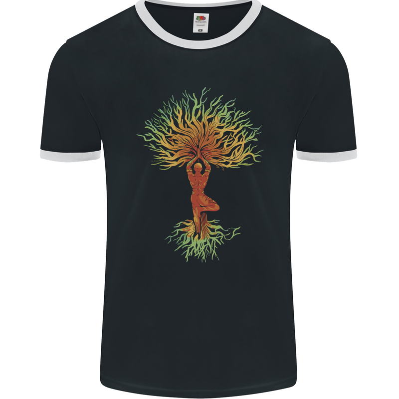 Yoga Tree Man Meditation Mens Ringer T-Shirt FotL Black/White