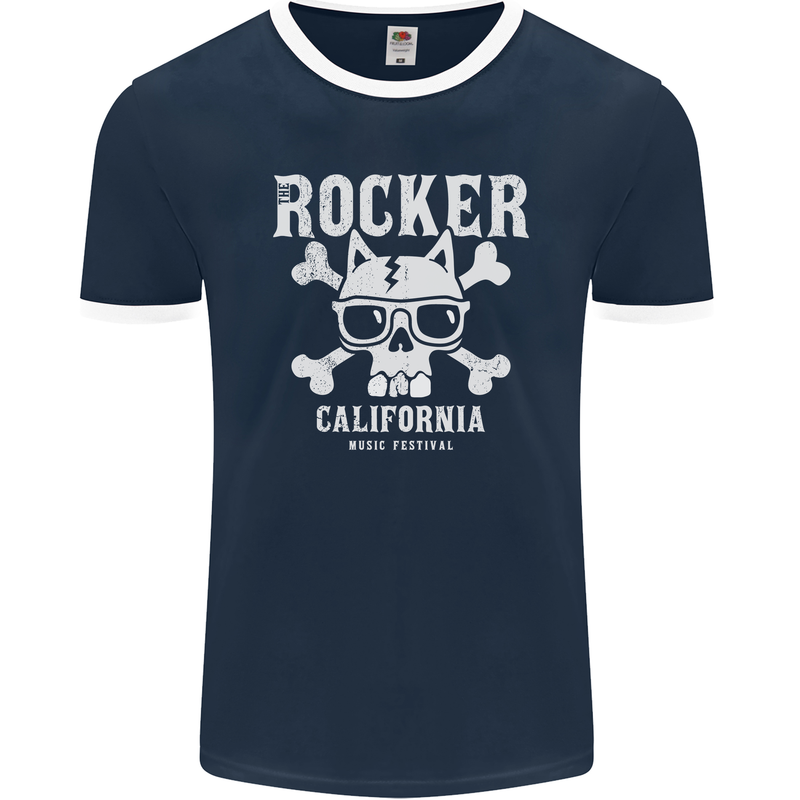 The Rocker Rock n Roll Music Skull Mens Ringer T-Shirt FotL Navy Blue/White