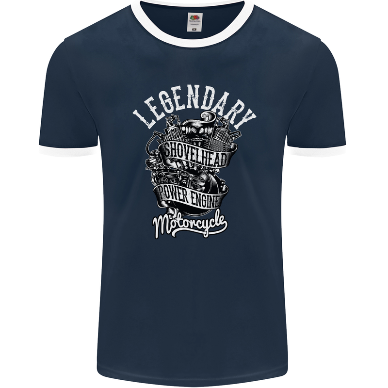 Legendary Shovelhead Motorcycle Biker Mens Ringer T-Shirt FotL Navy Blue/White