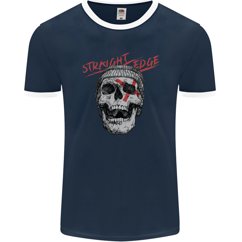 Straight Edge Skull Biker Motorcycle Mens Ringer T-Shirt FotL Navy Blue/White