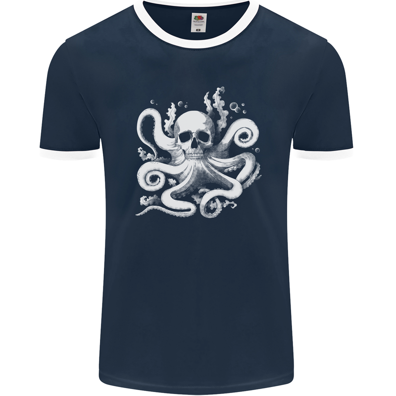 A Cthulhu Kraken Octopus Mythology Mens Ringer T-Shirt FotL Navy Blue/White