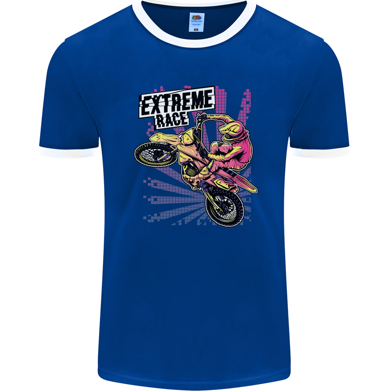 Extreme Race Motocross Dirt Bike Motorbike Mens Ringer T-Shirt FotL Royal Blue/White