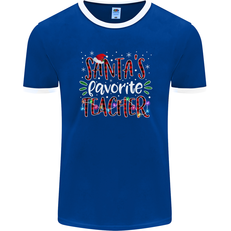 Santa's Favorite Teacher Funny Christmas Mens Ringer T-Shirt FotL Royal Blue/White