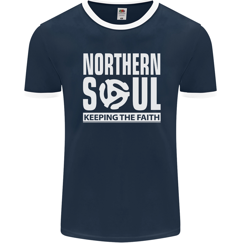 Northern Soul Vinyl 33rpm Record Insert Mens Ringer T-Shirt FotL Navy Blue/White