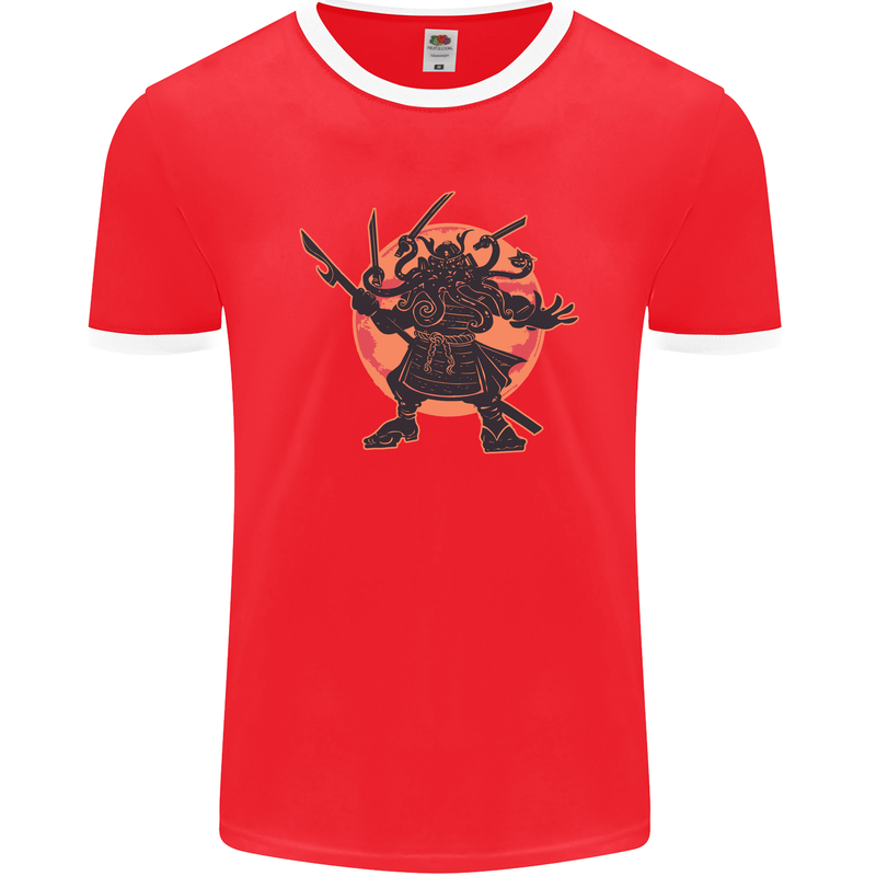 Samurai Cthulhu Kraken Mens Ringer T-Shirt FotL Red/White