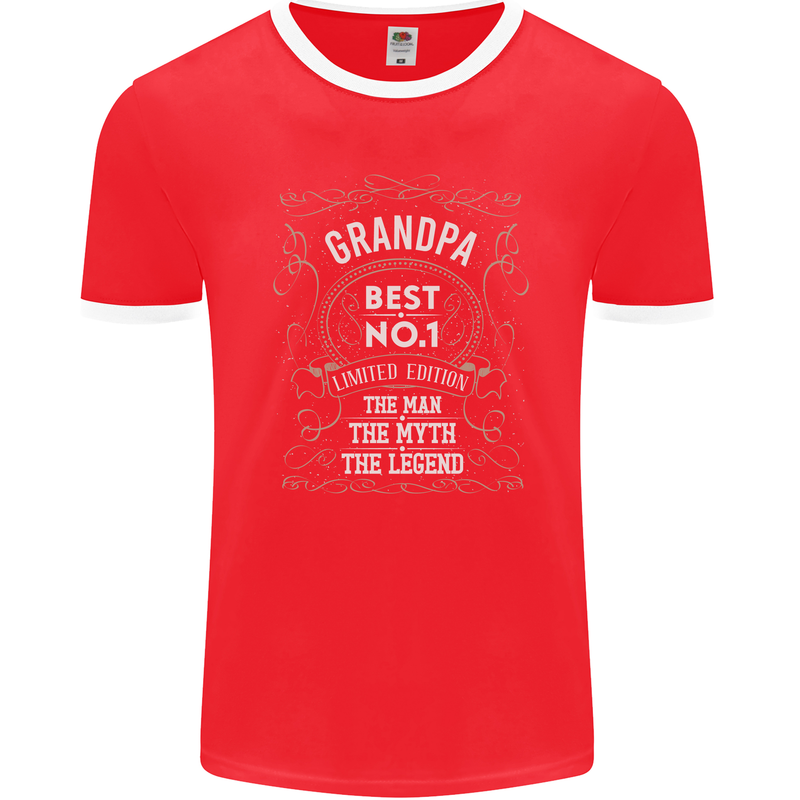 Father's Day No 1 Grandpa Man Myth Legend Mens Ringer T-Shirt FotL Red/White