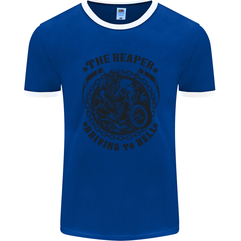 Grim Reaper Motorbike Motorcycle Biker Mens Ringer T-Shirt FotL Royal Blue/White