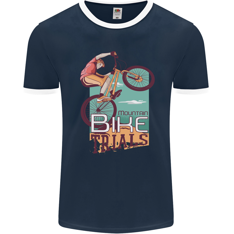 Mountain Bike Trials MTB Cycling Bicycle Mens Ringer T-Shirt FotL Navy Blue/White