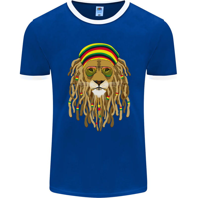 Dreadlock Rasta Lion Jamaica Jamaican Mens Ringer T-Shirt FotL Royal Blue/White