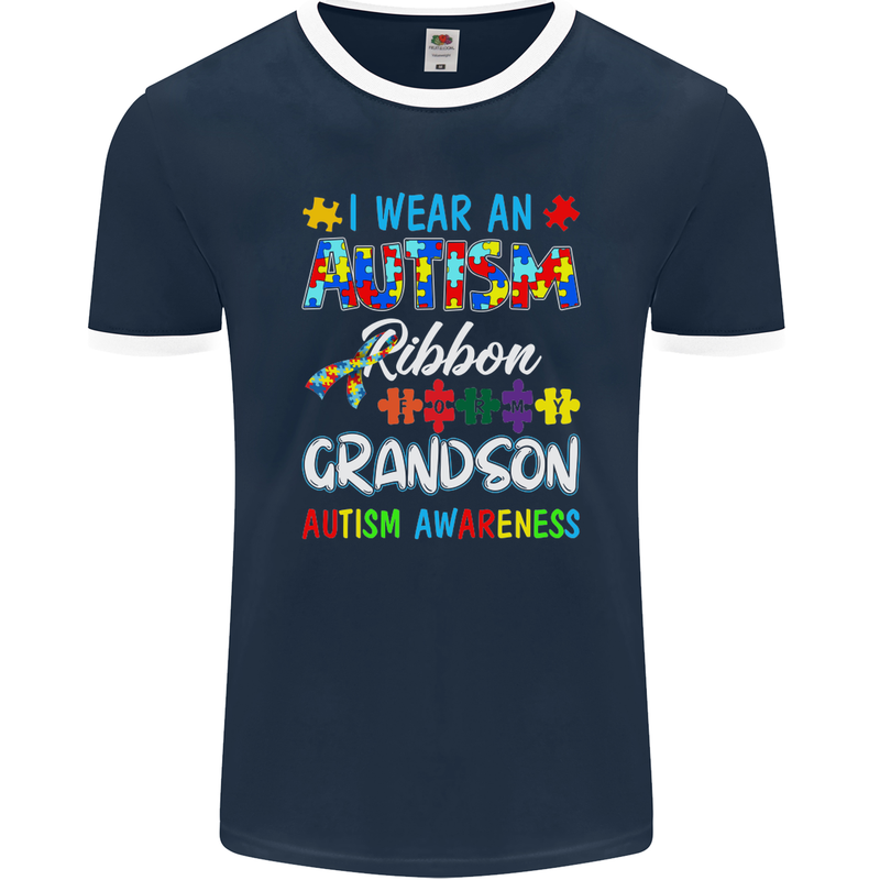 Autism Ribbon For My Grandson Autistic ASD Mens Ringer T-Shirt FotL Navy Blue/White