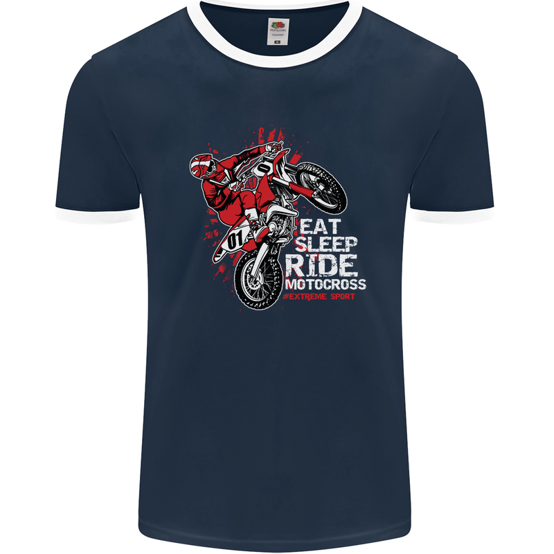 Eat Sleep Ride Motocross Dirt Bike MotoX Mens Ringer T-Shirt FotL Navy Blue/White