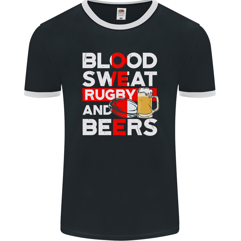 Blood Sweat Rugby and Beers England Funny Mens Ringer T-Shirt FotL Black/White