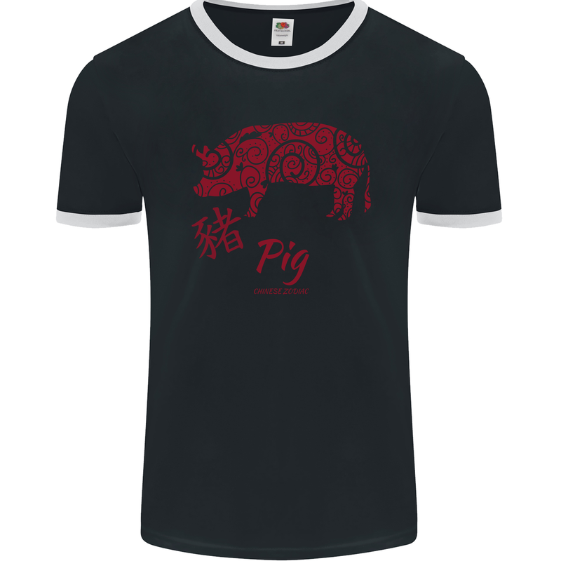 Chinese Zodiac Shengxiao Year of the Pig Mens Ringer T-Shirt FotL Black/White