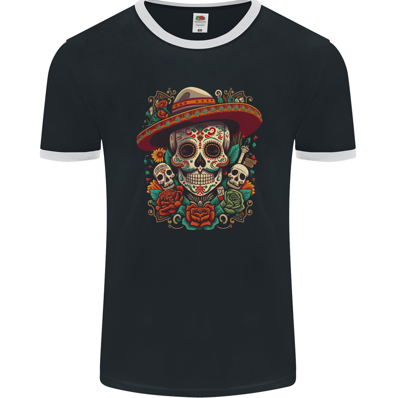 Los Muertow Sugar Skull Day of the Dead Mens Ringer T-Shirt FotL Black/White