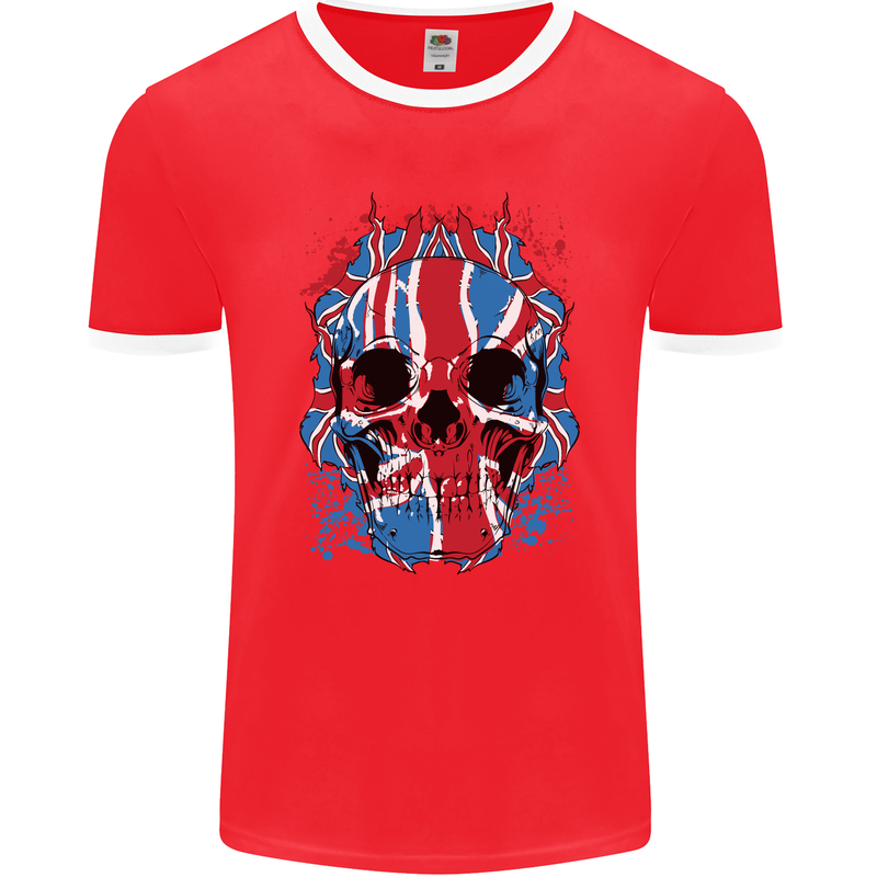 Union Jack Flag Skull Gym MMA Biker Mens Ringer T-Shirt FotL Red/White