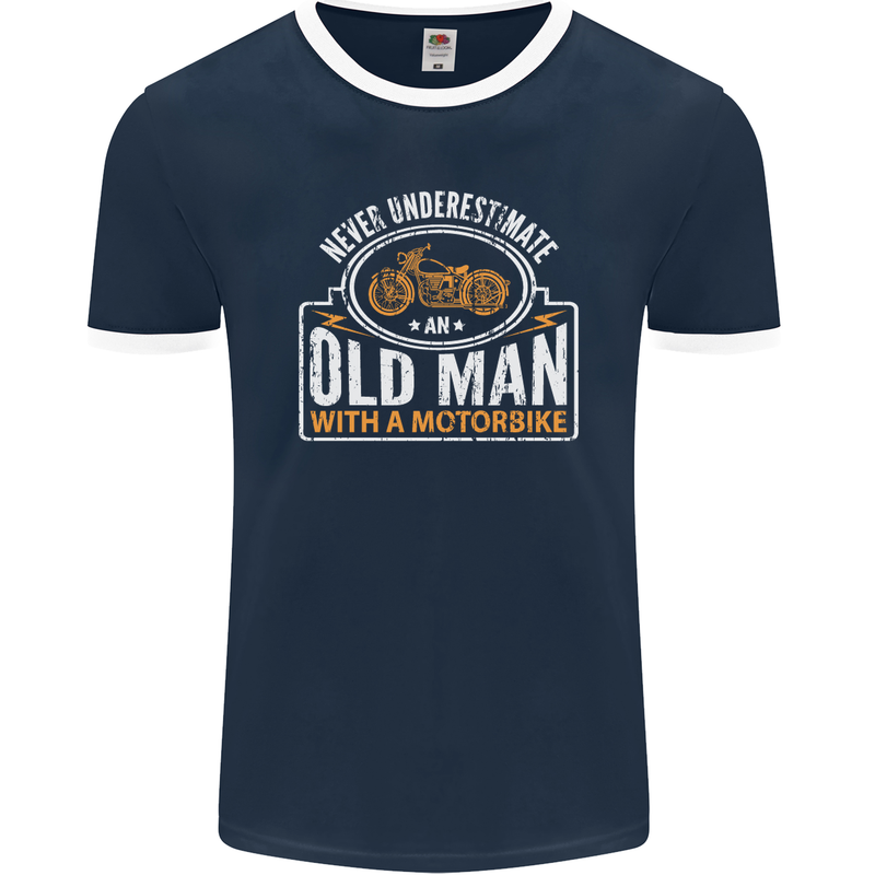 Old Man Motorcycle Motorbike Biker Funny Mens Ringer T-Shirt FotL Navy Blue/White