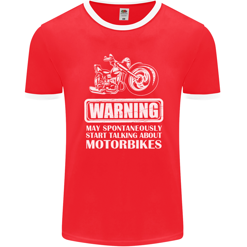 Start Talking About Motorbikes Funny Biker Mens Ringer T-Shirt FotL Red/White