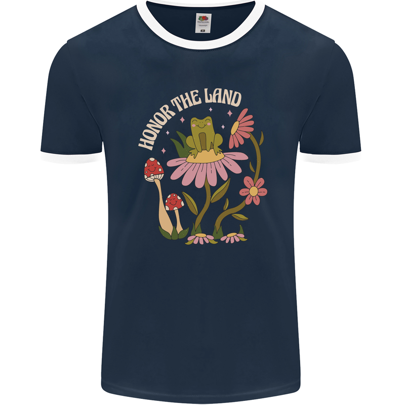 Honor the Land Frog Climate Change Hippy Mens Ringer T-Shirt FotL Navy Blue/White