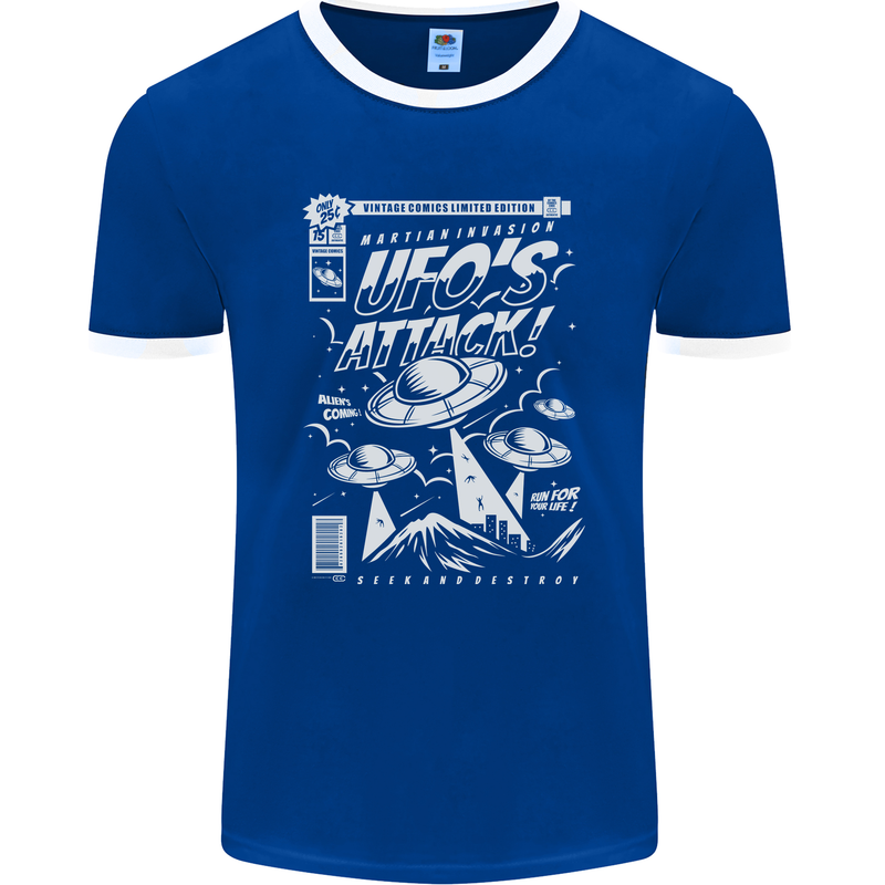 UFO's Attack! Aliens Out of Space Mens Ringer T-Shirt FotL Royal Blue/White