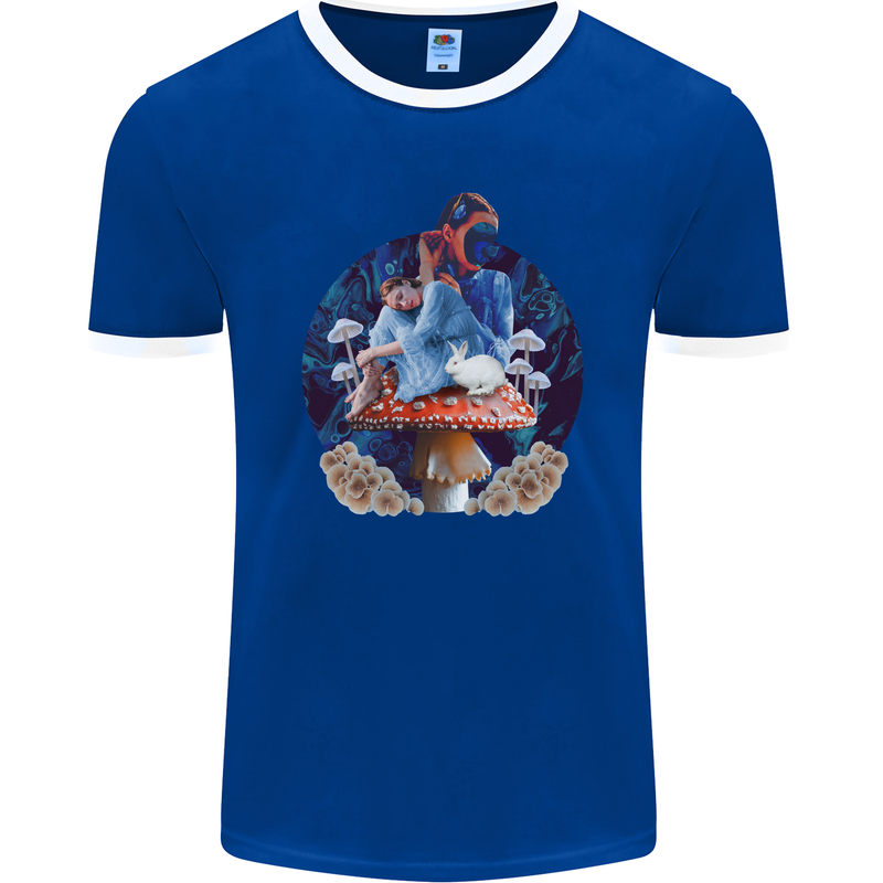 Trippy Alice Magic Mushrooms LSD Mens Ringer T-Shirt FotL Royal Blue/White