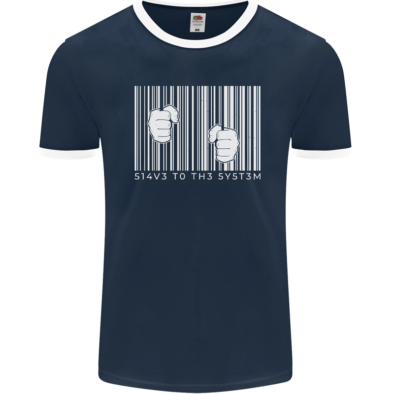 Slave to the System Anti Capitalism Mens Ringer T-Shirt FotL Navy Blue/White