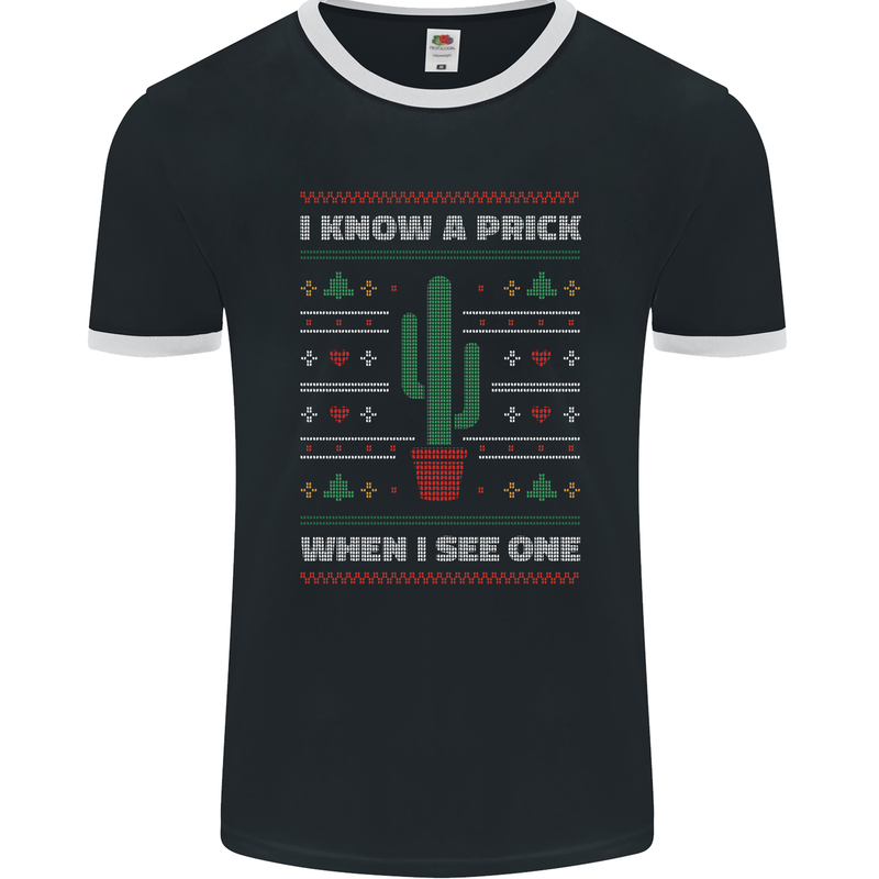 Funny Christmas Cactus Prick Mens Ringer T-Shirt FotL Black/White