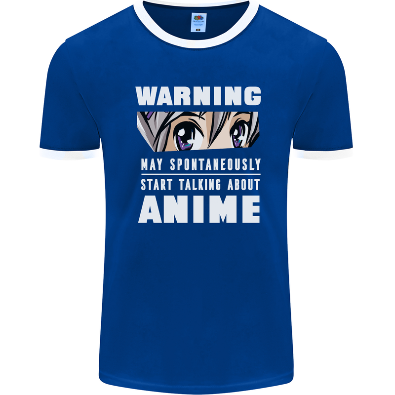 Warning May Start Talking About Anime Funny Mens Ringer T-Shirt FotL Royal Blue/White