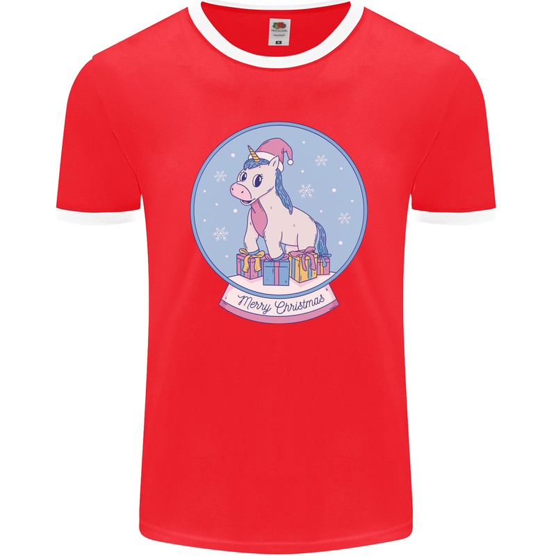 Christmas Unicorn Snow Globe Mens Ringer T-Shirt FotL Red/White