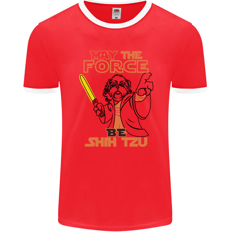 May the Force Be Shih Tzu Dog Funny Mens Ringer T-Shirt FotL Red/White