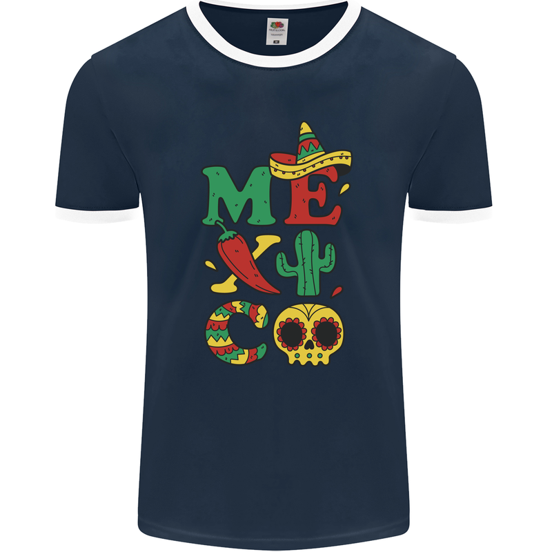Symbols of Mexico Mens Ringer T-Shirt FotL Navy Blue/White