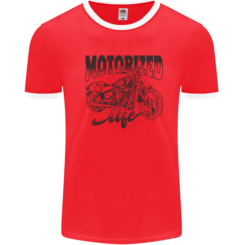 Motorized Life Biker Motorbike Motorcycle Mens White Ringer T-Shirt Red/White